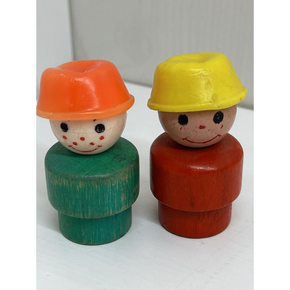 Vintage Fisher Price Little People Boys wood body pots on head - missing handles